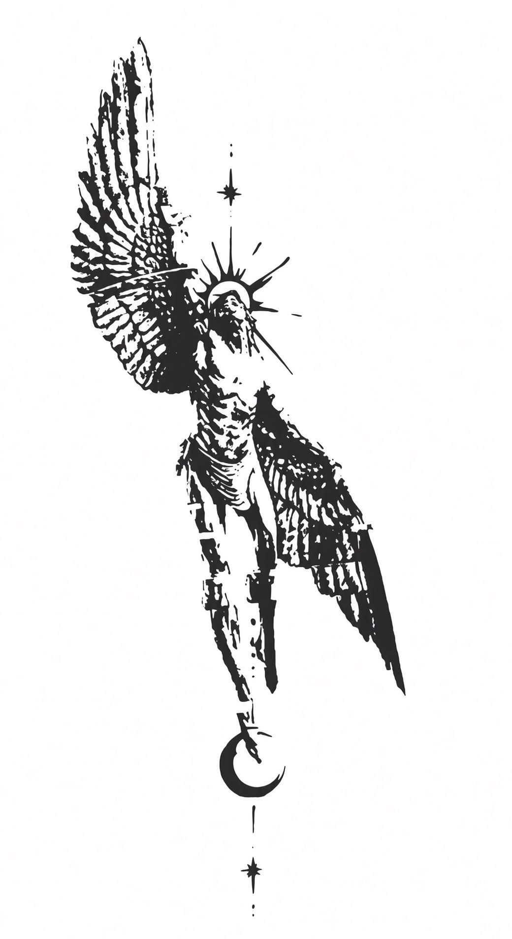 Ink drawing of a winged figure rising between a star and a crescent moon